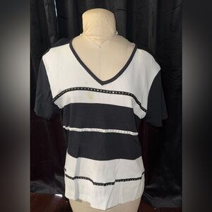 Morgan Cole Vintage Black and White Striped V-Neck Top